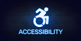 Accessibility written in neon letters with a wheelchair graphic below