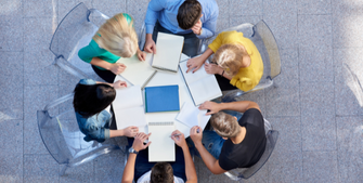 Aerial view of students studying at a  table