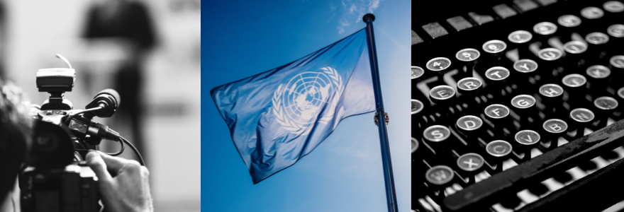 Image of photographer, united nations flag, typewriter